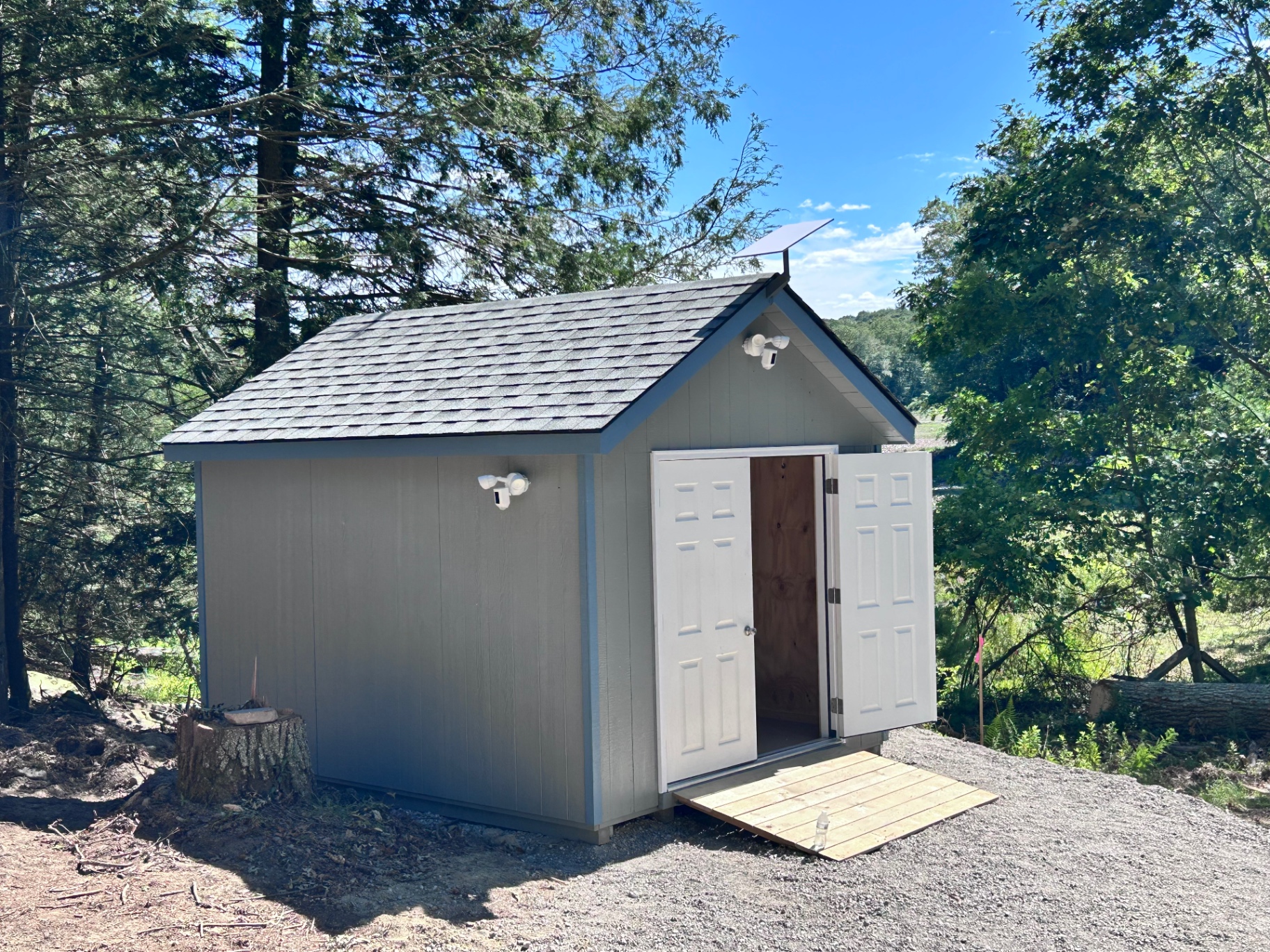 Exterior lighting installed on a residential shed