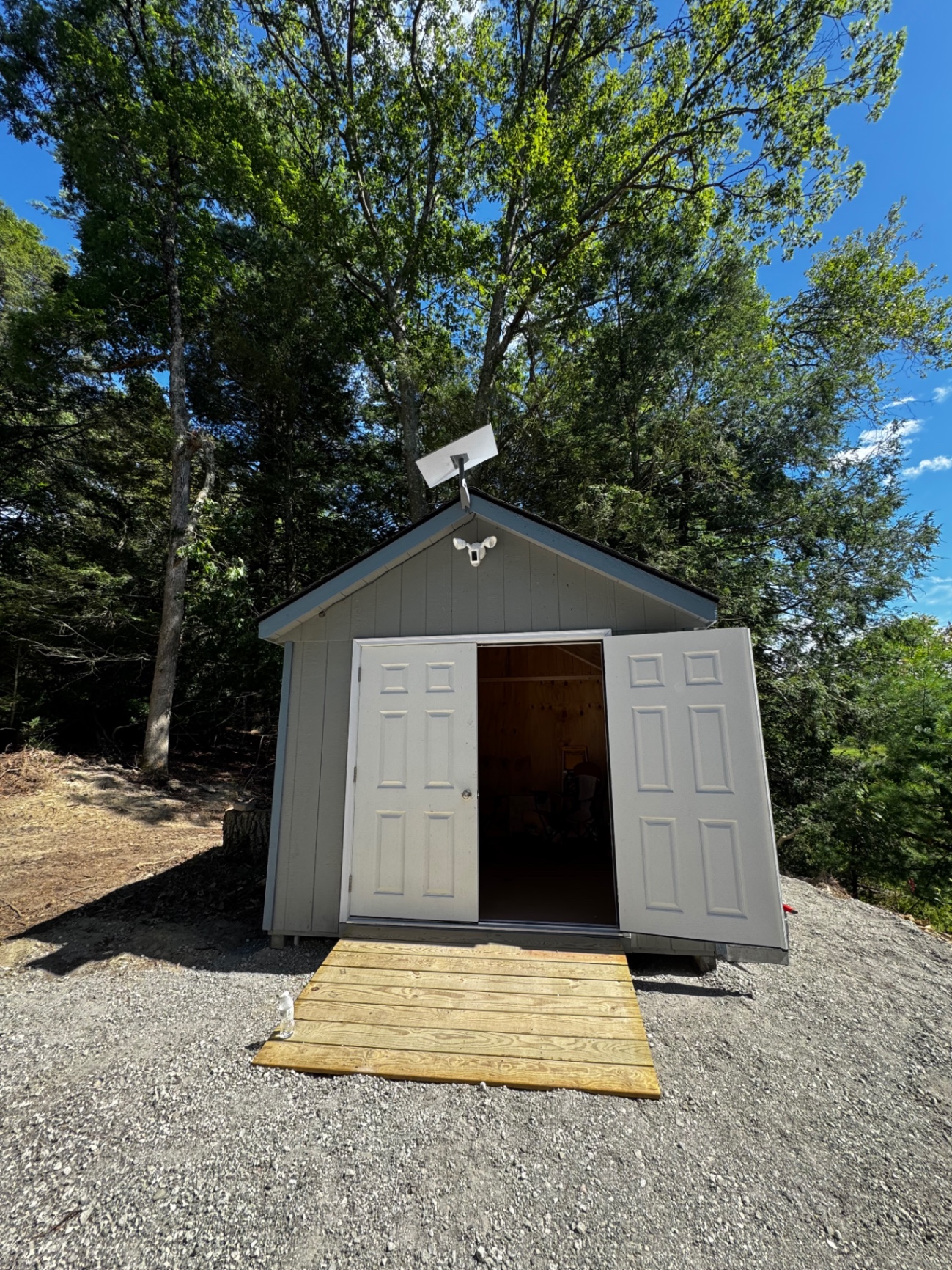 Security floodlight installed on a residential shed